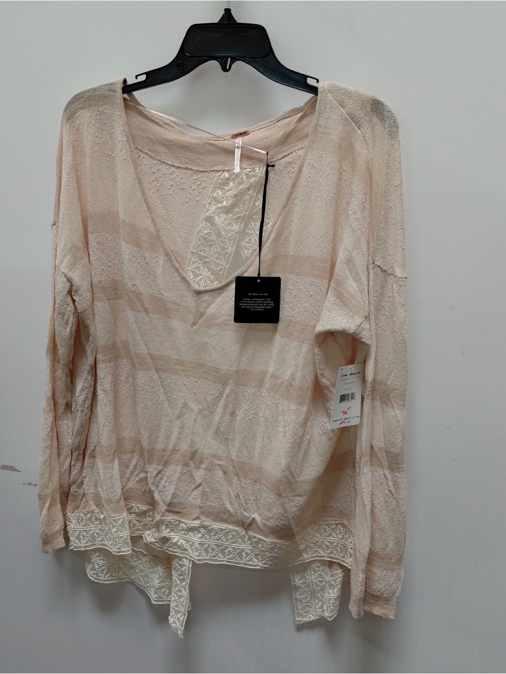 Free People Cream and Beige Striped V-Neck Long Sleeve Top with Lace Hem